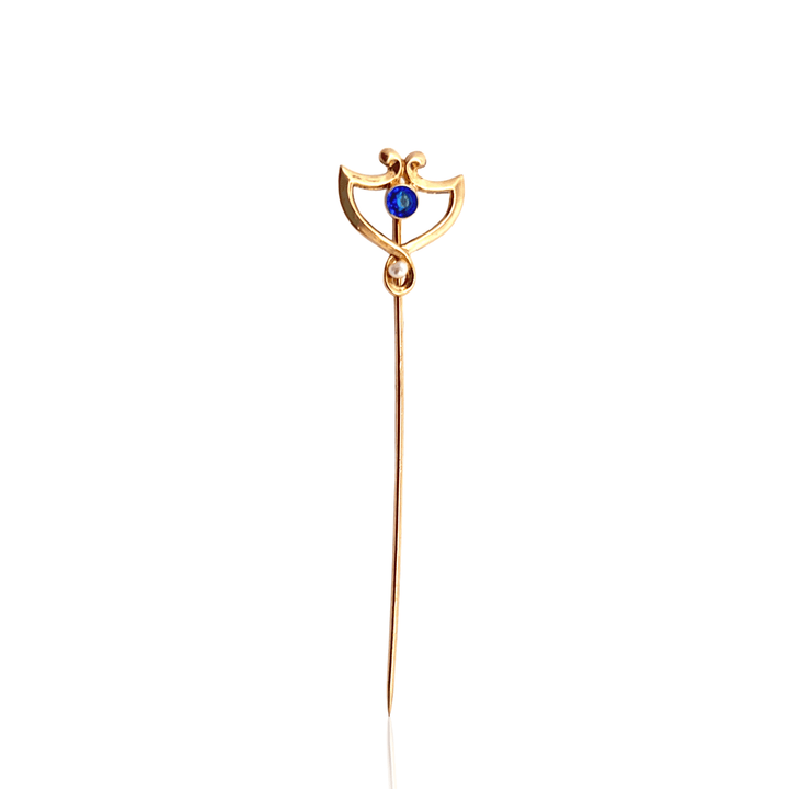 Estate 14K Yellow Gold Blue Glass & Seed Pearl Antique Stick Pin