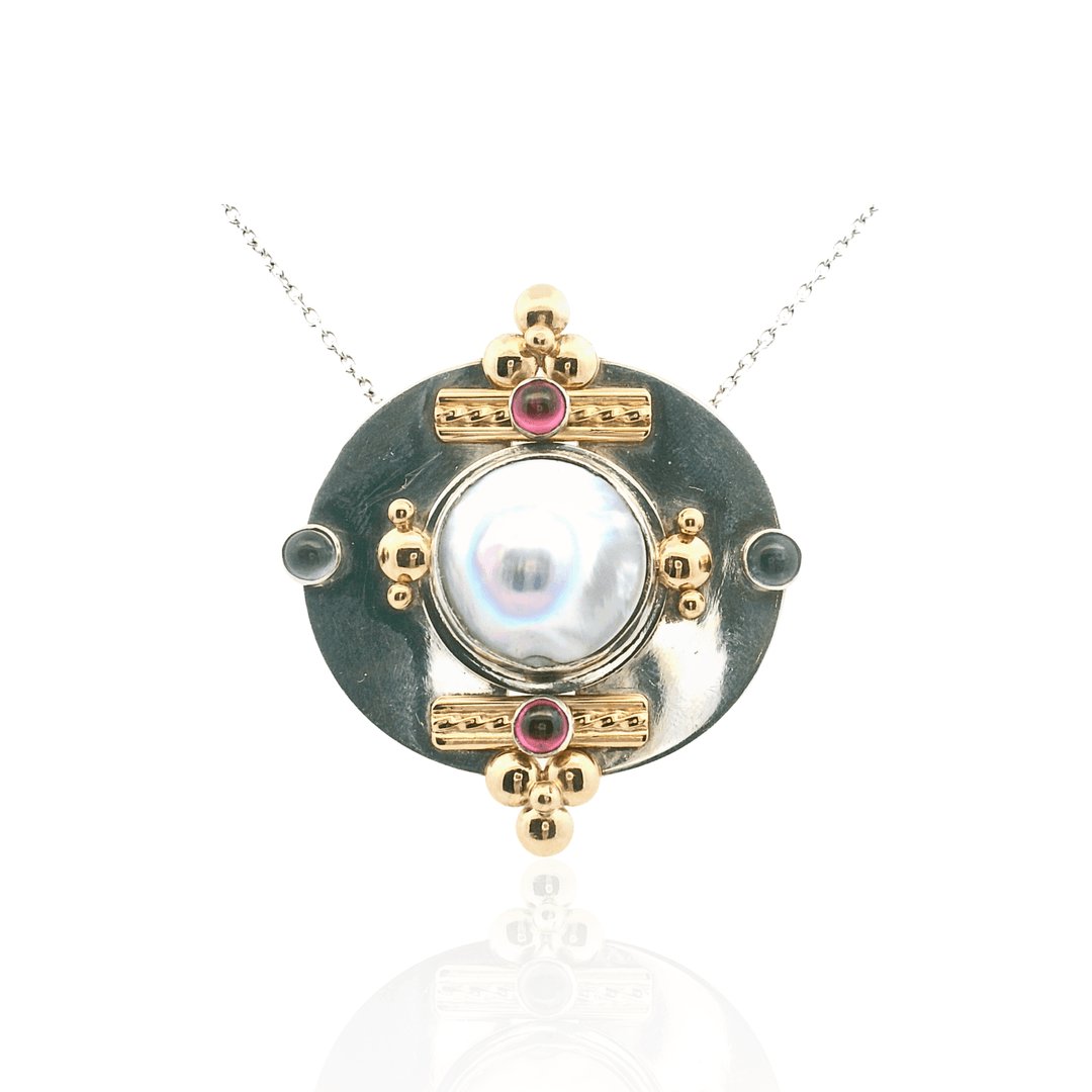 Estate Sterling Silver 15MM Mabe Pearl & Gemstone Vintage Pendant/Brooch