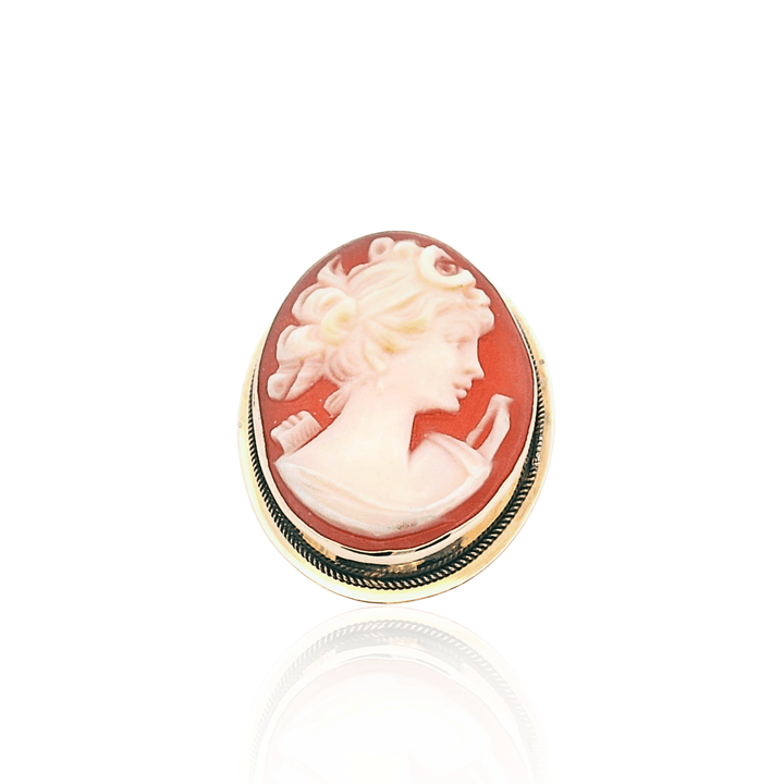 Estate 18K Yellow Gold Shell Vintage Cameo Brooch, "Diana Goddess of the Hunt," ca. 1960's
