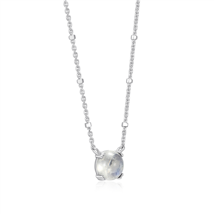 Sterling Silver Rhodium Plated Round Rainbow Moonstone Solitaire with 18" Chain