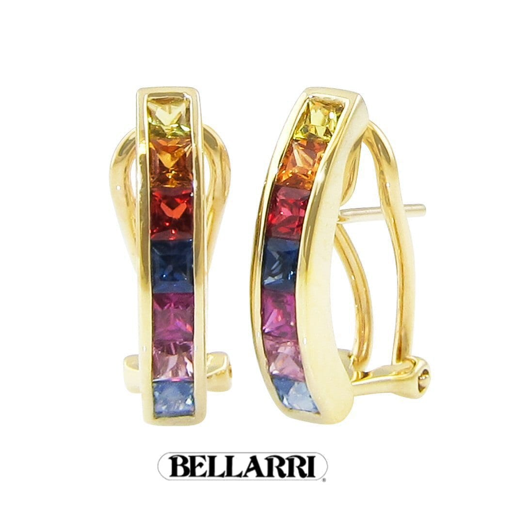 14K Yellow Gold 2.10CTW Multi-Color Sapphire J Hoop Earrings by Bellarri