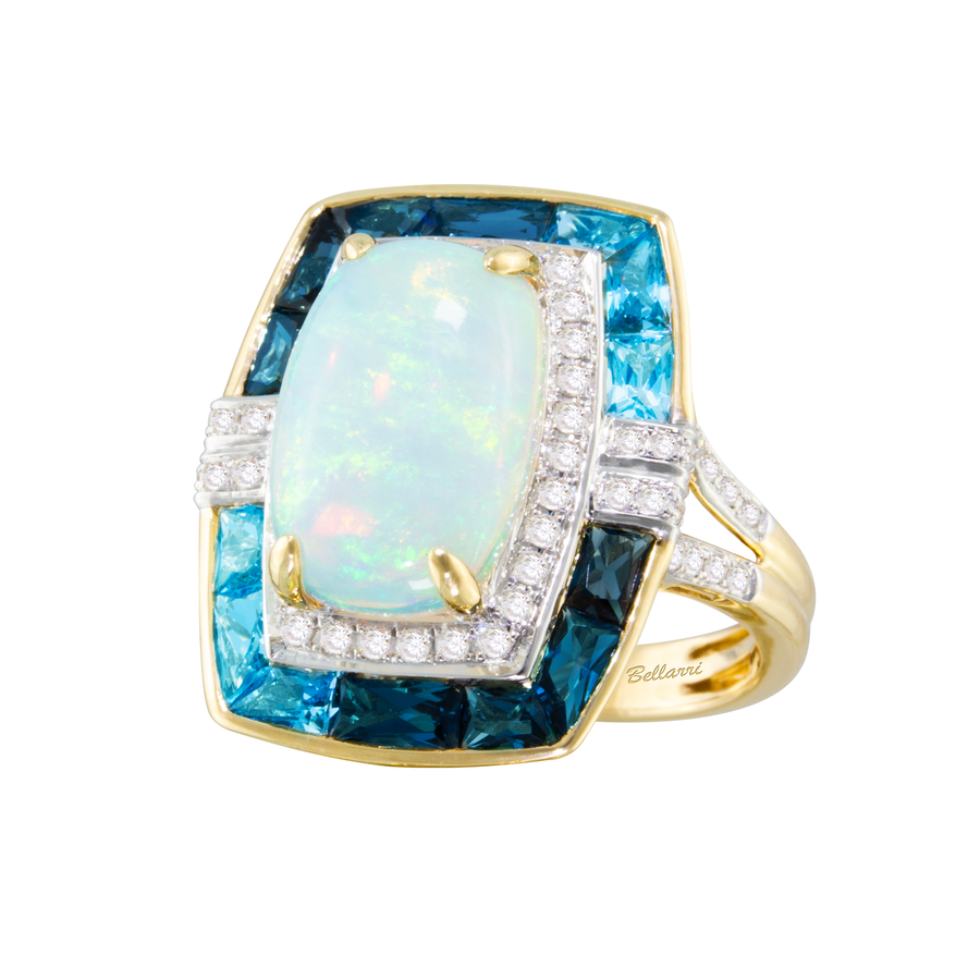 14K Yellow Gold 6.45CTW Opal, Blue Topaz & Diamond Halo Ring by Bellarri