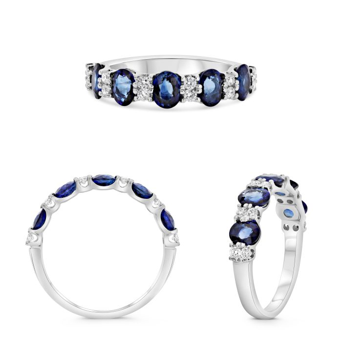 14K White Gold 1.70CTW Oval Blue Sapphire & Diamond Alternating Band