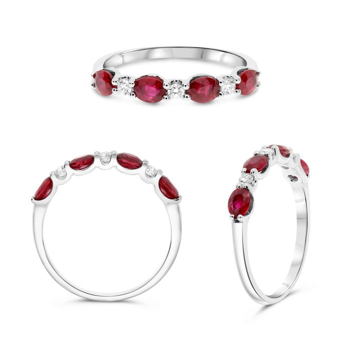 14K White Gold 1.09CTW Oval Ruby & Diamond Alternating Band