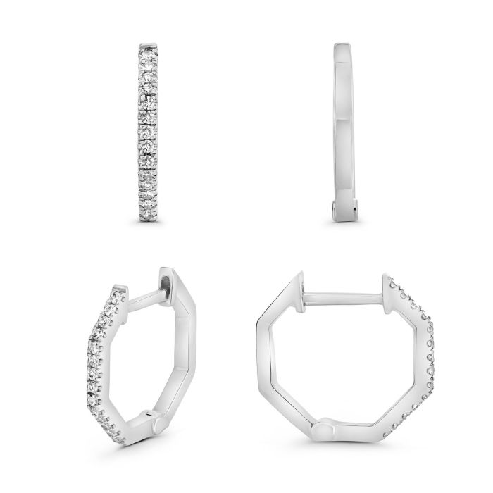 14KT White Gold Diamond Geometric Octagon Huggie Earrings
