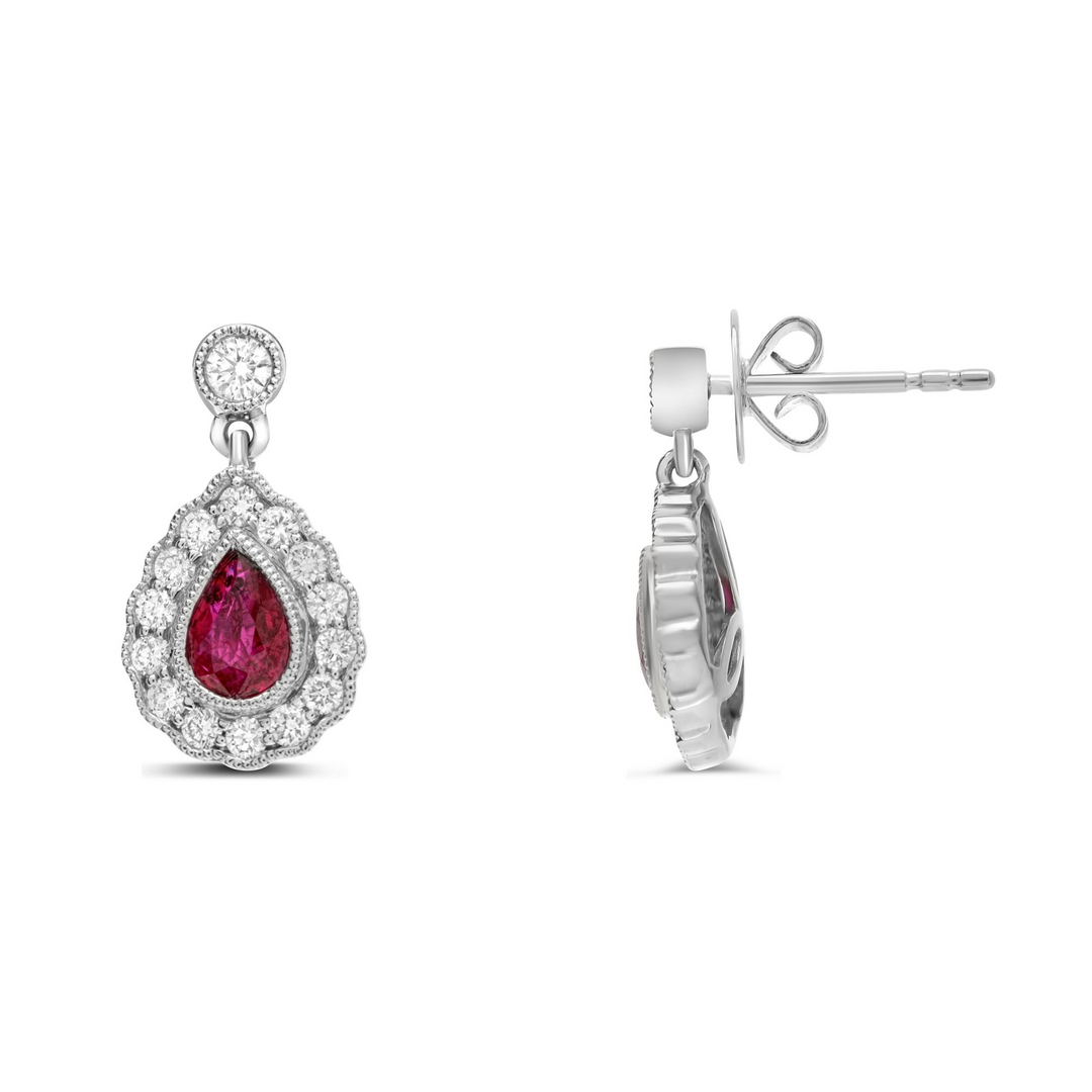 18K White Gold Pear-Shaped Ruby and Diamond Halo Milgrain Dangle Earrings