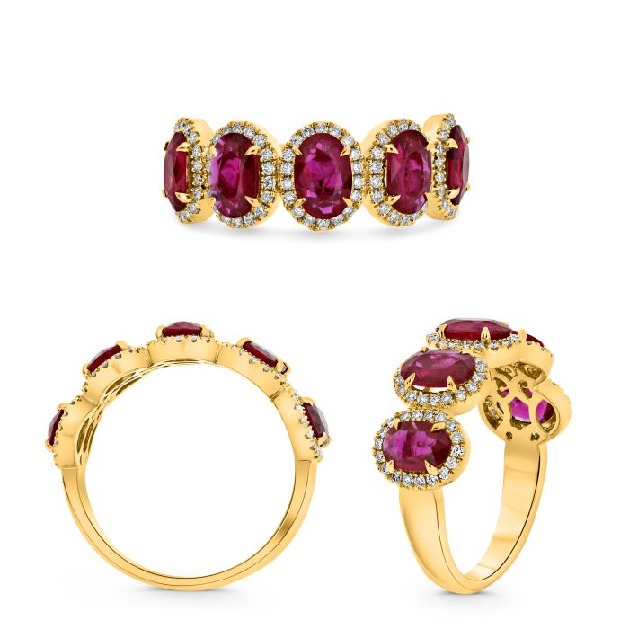 14K Yellow Gold 1.68CTW Oval Ruby and Diamond Halo Five-Stone Band Ring