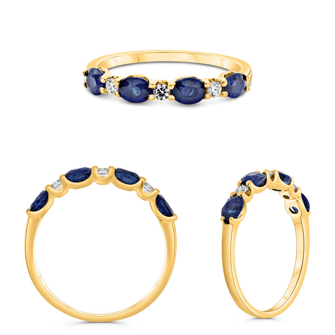 14K Yellow Gold 1.09CTW Oval Blue Sapphire & Diamond Alternating Band