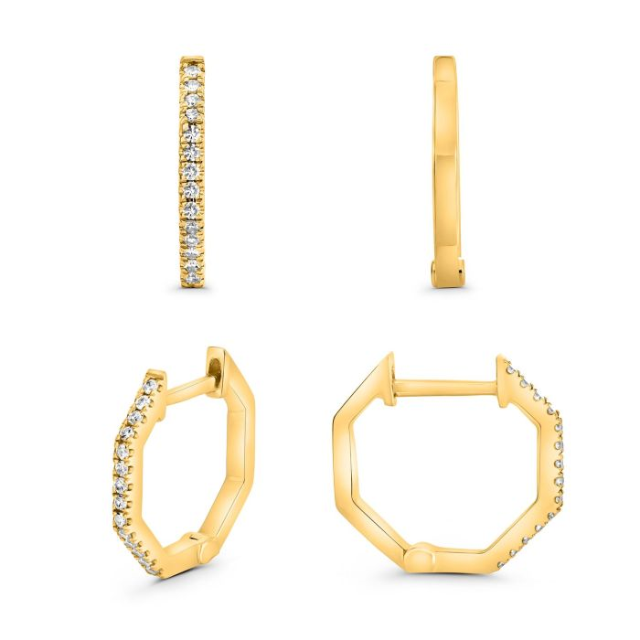 14KT Yellow Gold Diamond Geometric Octagon Huggie Earrings