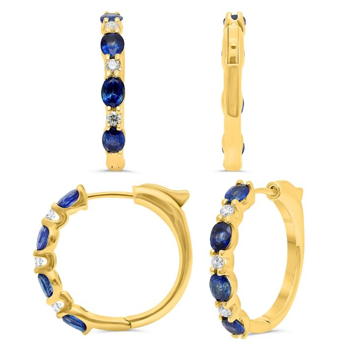 14KT Yellow Gold Oval Sapphire and Diamond Huggie Earrings
