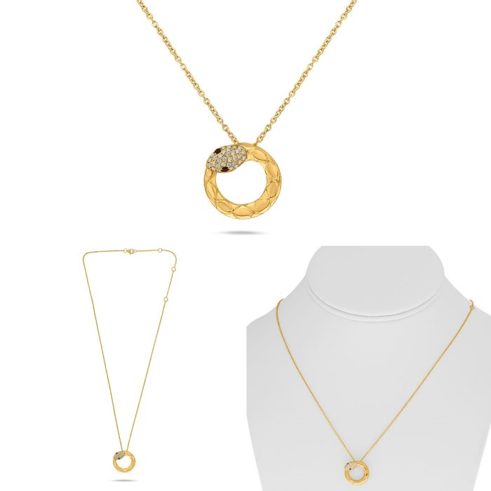 14K Yellow Gold Diamond and Ruby Ouroboros Snake Necklace
