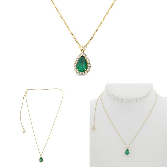 14K Yellow Gold 1.15CT Pear-Shaped Emerald and Diamond Halo Necklace