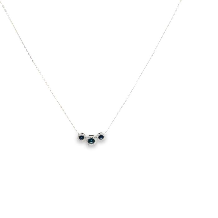 14K White Gold 0.69CTW Blue Sapphire & Diamond Three-Stone Halo Necklace