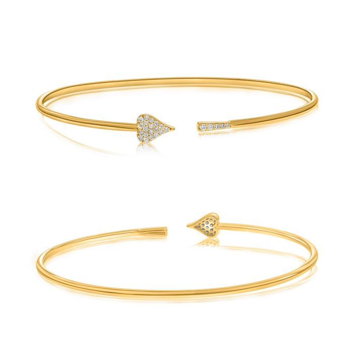 14K Yellow Gold Diamond Pavé Heart and Arrow Cuff Bracelet