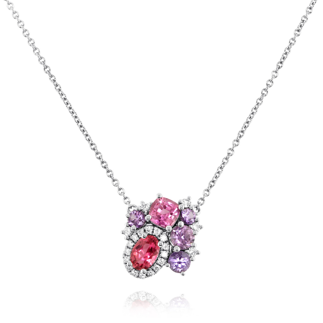 14K White Gold 1.82CTW Sapphire, Tourmaline & Diamond Cluster Necklace