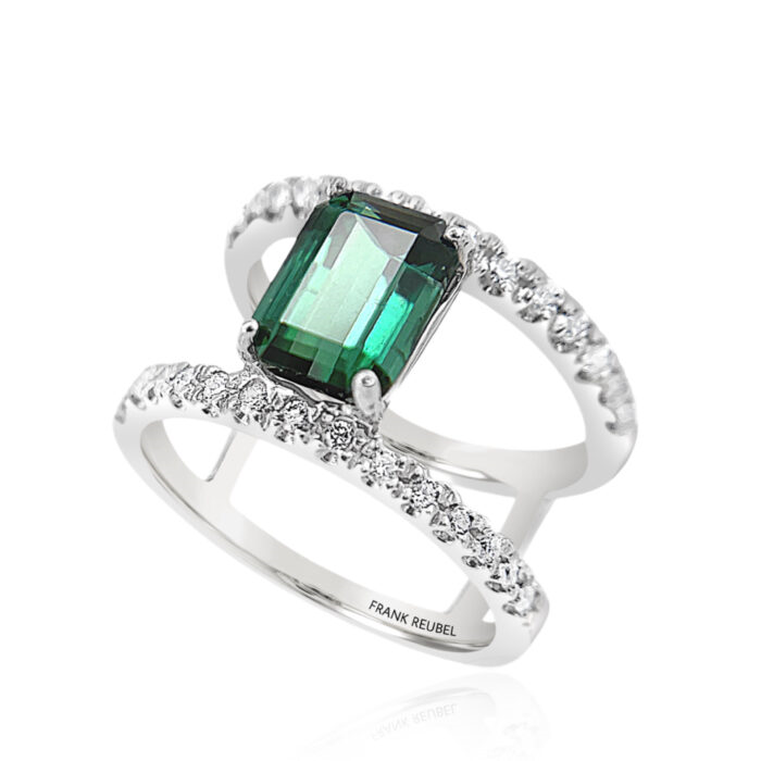 14K White Gold Emerald-Cut Green Tourmaline & Diamond Open Ring