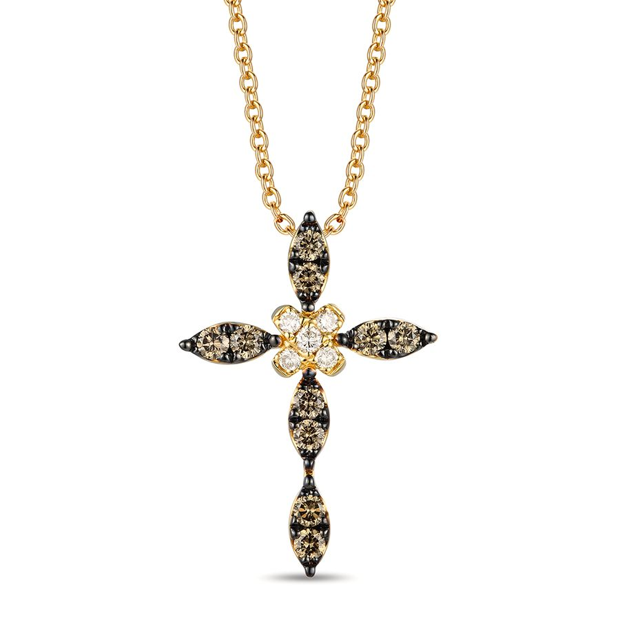 14 Karat Yellow Gold 0.38CTW Chocolate & Vanilla Diamond Cross Pendant Necklace by Le Vian