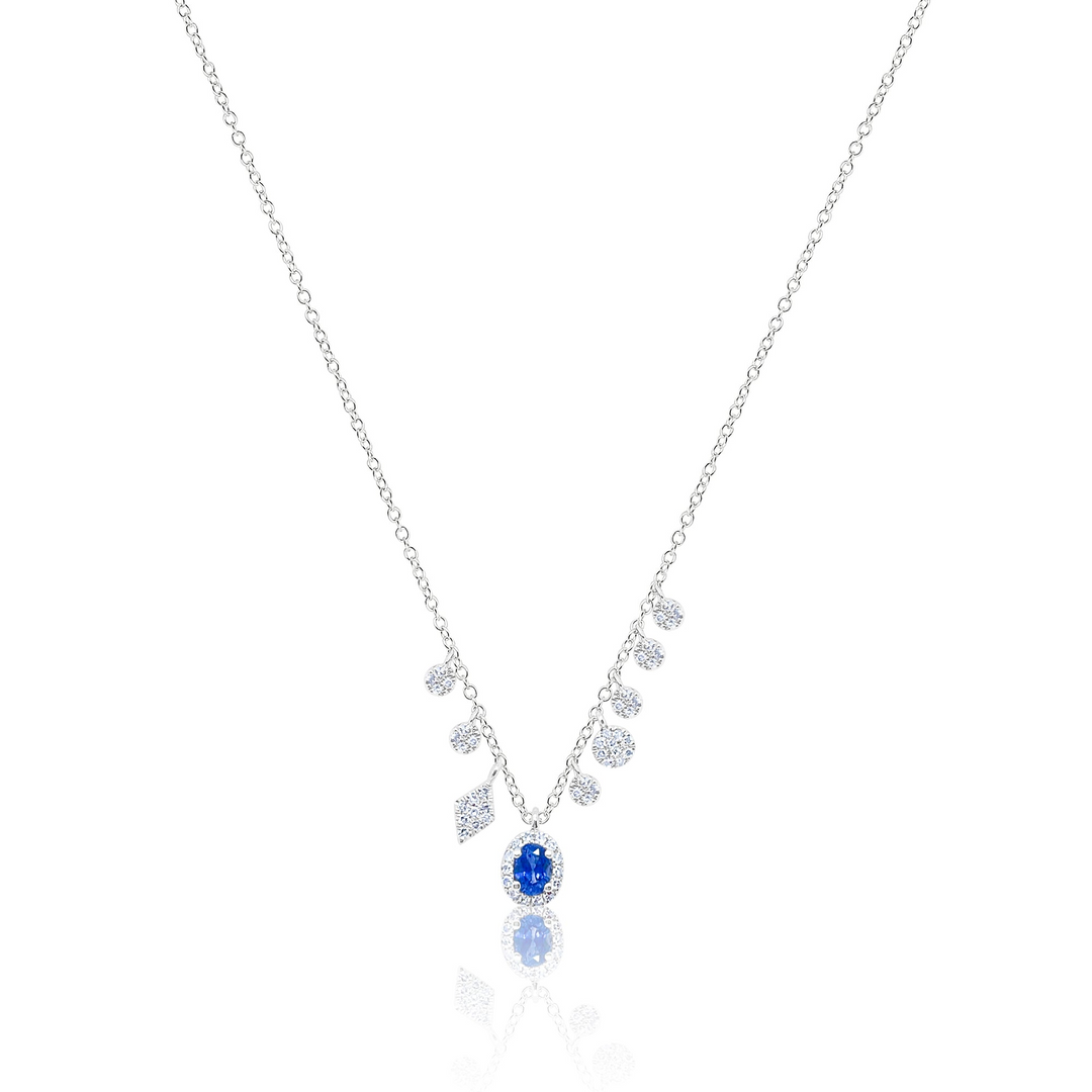 14K White Gold 0.24CTW Blue Sapphire & Diamond Halo Fringe Necklace