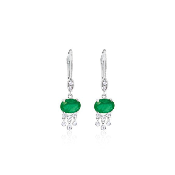 14K White Gold 1.42CTW Oval Emerald and Diamond Dangle Earrings