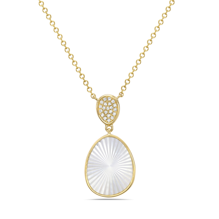 14K Yellow Gold Diamond Pavé Cluster & Oval Mother of Pearl Pendant Necklace