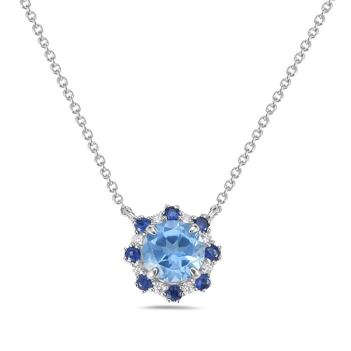 14K White Gold Blue Topaz, Sapphire & Diamond Alternating Halo Pendant Necklace