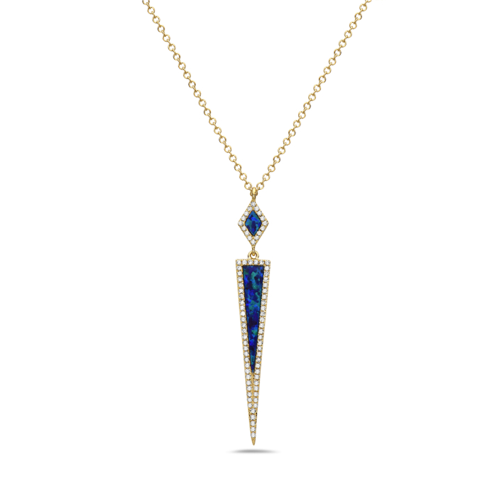 14K Yellow Gold Diamond Pavé & Blue Opal Inlay Geometric Spike Pendant Necklace