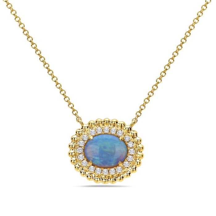 14K Yellow Gold Diamond Halo & Oval Opal Beaded Border Pendant Necklace