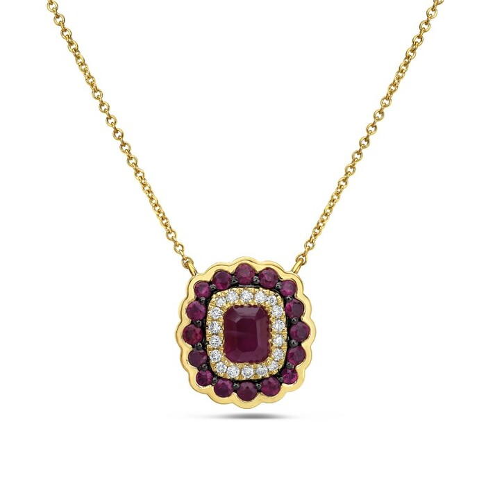 .14K Yellow Gold Diamond & Ruby Double Halo Pendant Necklace