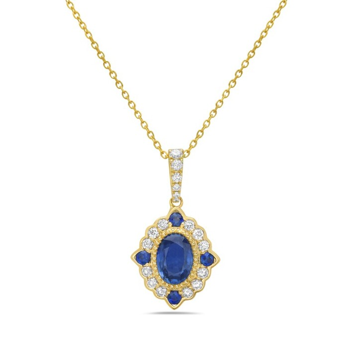 14K Yellow Gold Diamond & Sapphire Vintage-Style Scalloped Halo Pendant Necklace