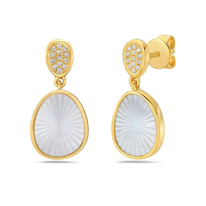 14K Yellow Gold Diamond Pavé Cluster & Oval Mother of Pearl Drop Earrings