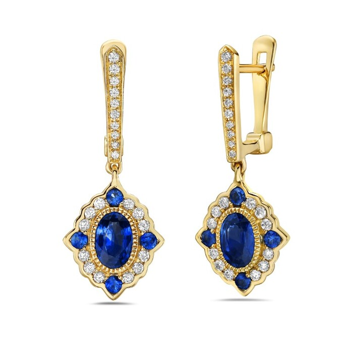 14K Yellow Gold Diamond & Sapphire Vintage-Style Scalloped Halo Drop Earrings
