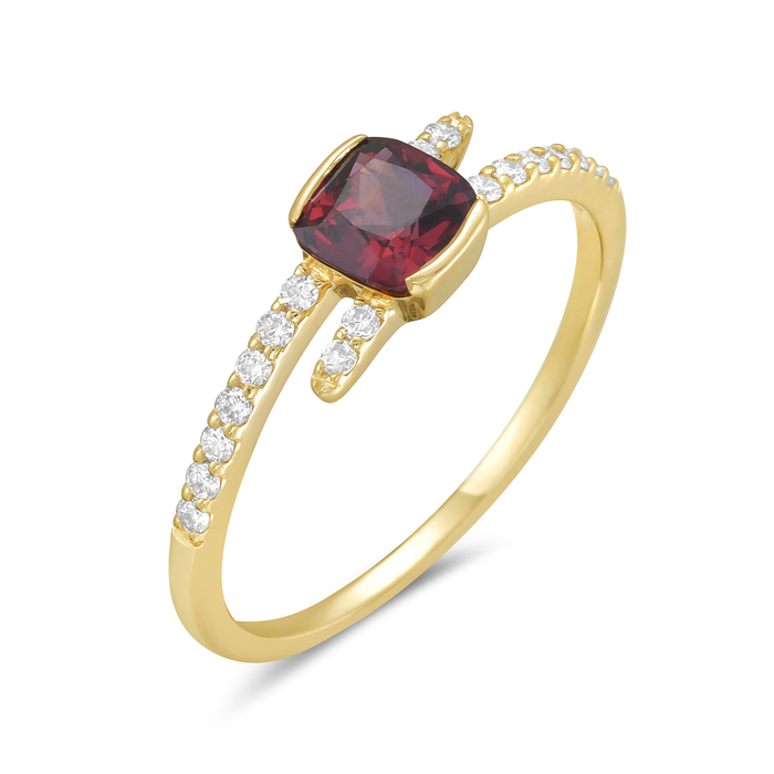 14K Yellow Gold Cushion Cut Rhodolite Garnet & Diamond Ring