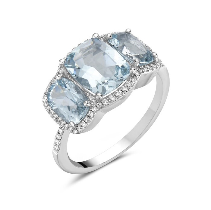 14K White Gold Cushion Cut Aquamarine Three-Stone Diamond Halo Ring