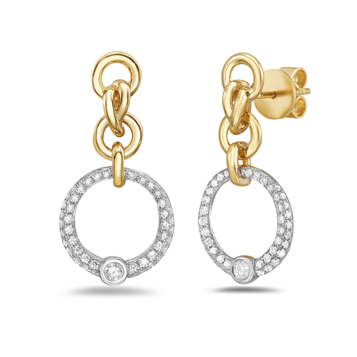 14K Yellow & White Gold Diamond Pavé Open Circle Chain Link Drop Earrings