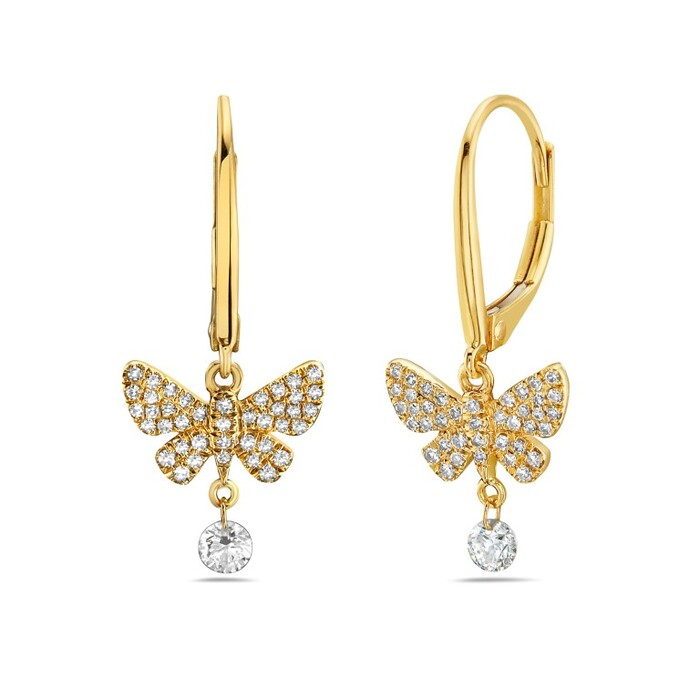 14K Yellow Gold Diamond Pavé Butterfly & Diamond Drop Lever Back Earrings