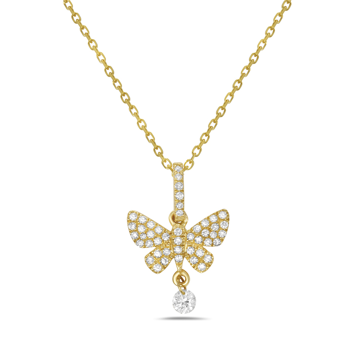14K Yellow Gold Diamond Pavé Butterfly & Diamond Drop Pendant Necklace