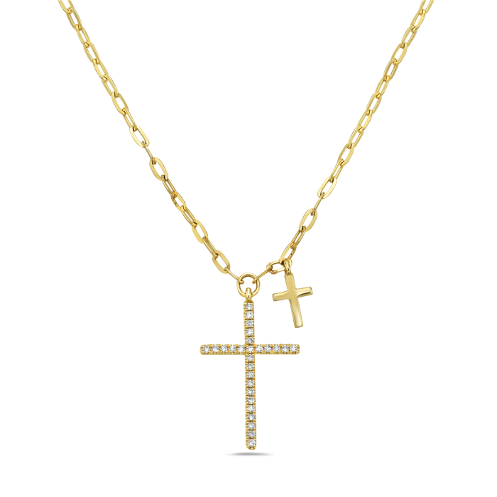 14K Yellow Gold Diamond Pavé Cross & Polished Cross Charm Pendant Necklace