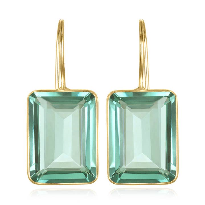 Yellow Gold Filled Emerald-Cut Sage Quartz Drop Earrings