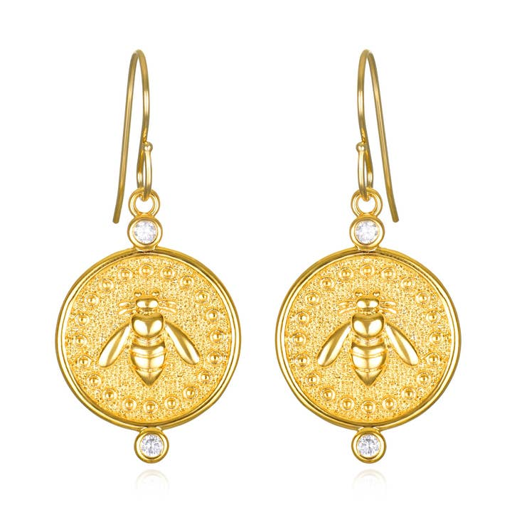 Yellow Gold Filled Bee Medallion Earrings with Crystal Accents