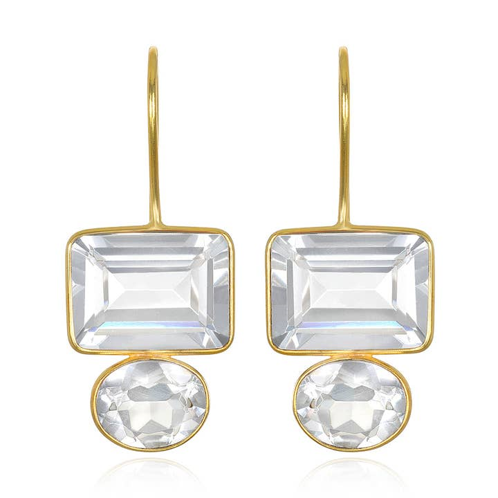 Yellow Gold Filled Clear Emerald Cut & Oval Cut Quartz Drop Earrings
