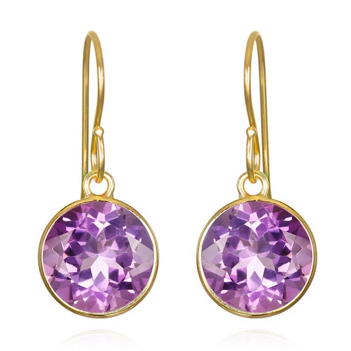 Yellow Gold Filled 12MM Faceted Round Amethyst Drop Earrings