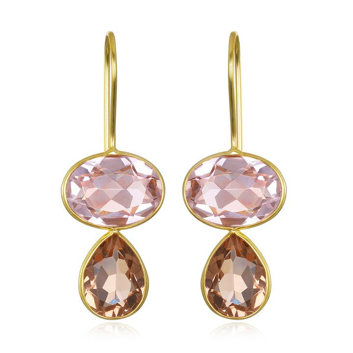 Yellow Gold Filled Oval Blush & Teardrop Champagne Quartz Drop Earrings