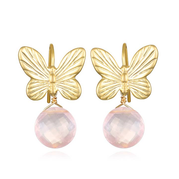 Yellow Gold Filled Butterfly & 10MM Rose Quartz Drop Earrings