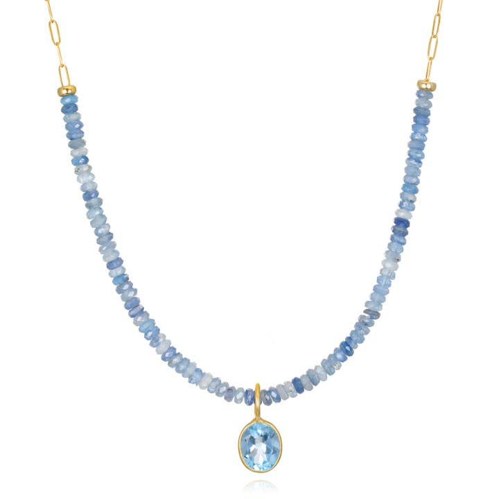 Yellow Gold Filled Kyanite Rondelle & Blue Topaz Pendant Necklace