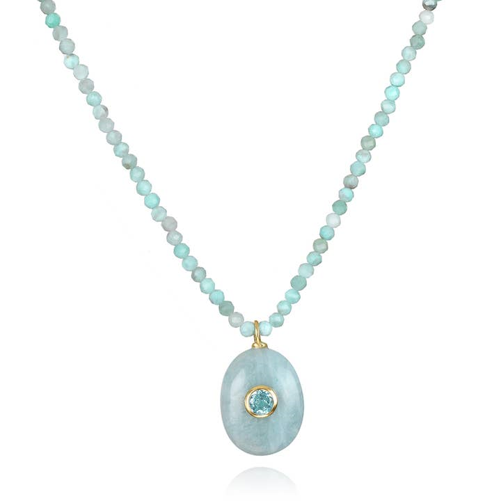 Gold Dipped Sterling Silver Aquamarine & Larimar Beaded Choker Necklace with Charm