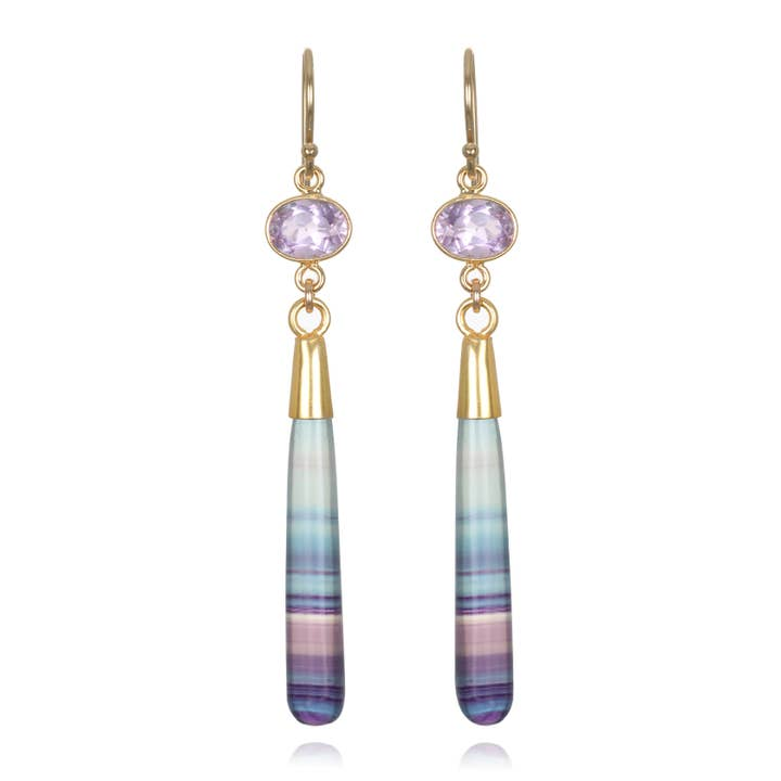 Yellow Gold Filled Oval Pink Amethyst & Fluorite Drop Earrings