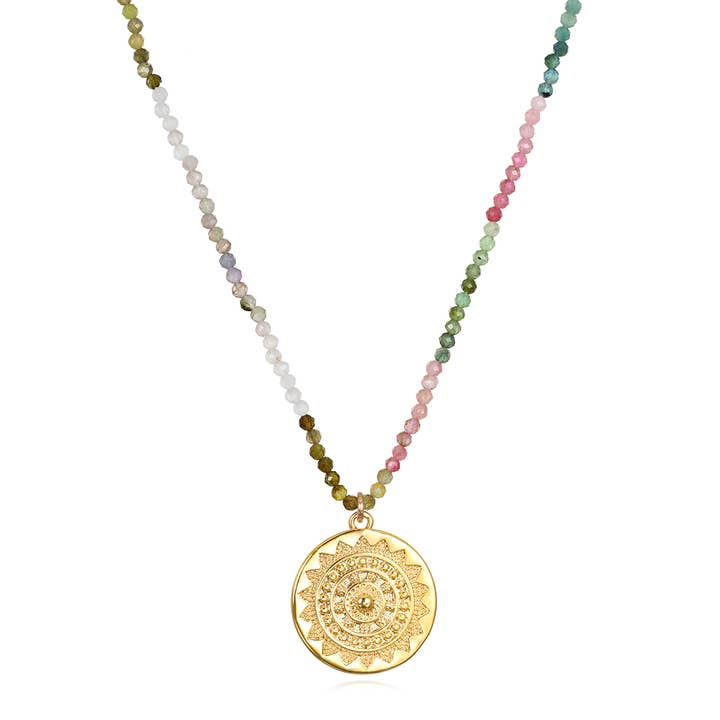 Yellow Gold Filled Watermelon Tourmaline Beaded Choker with Sun Medallion Pendant