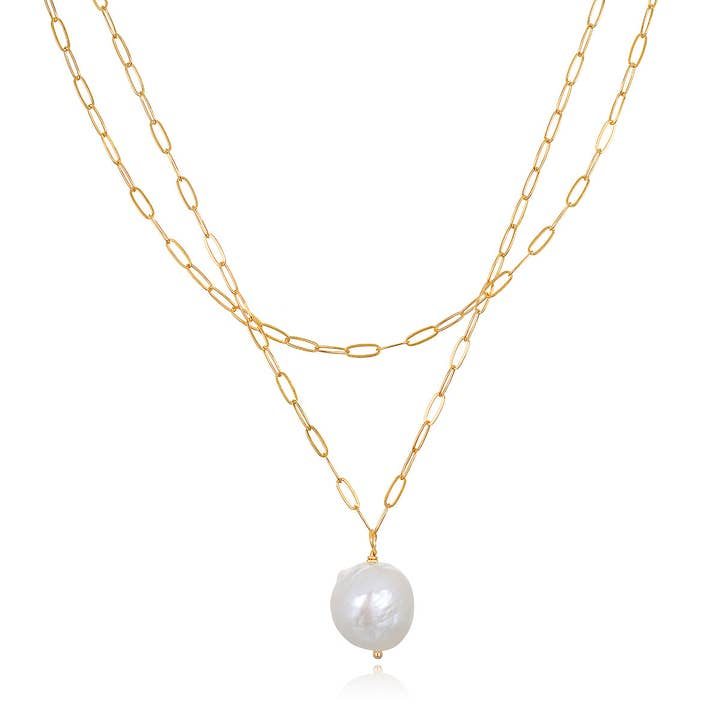 14K Yellow Gold Filled Baroque Pearl Double Strand Paperclip Chain Necklace