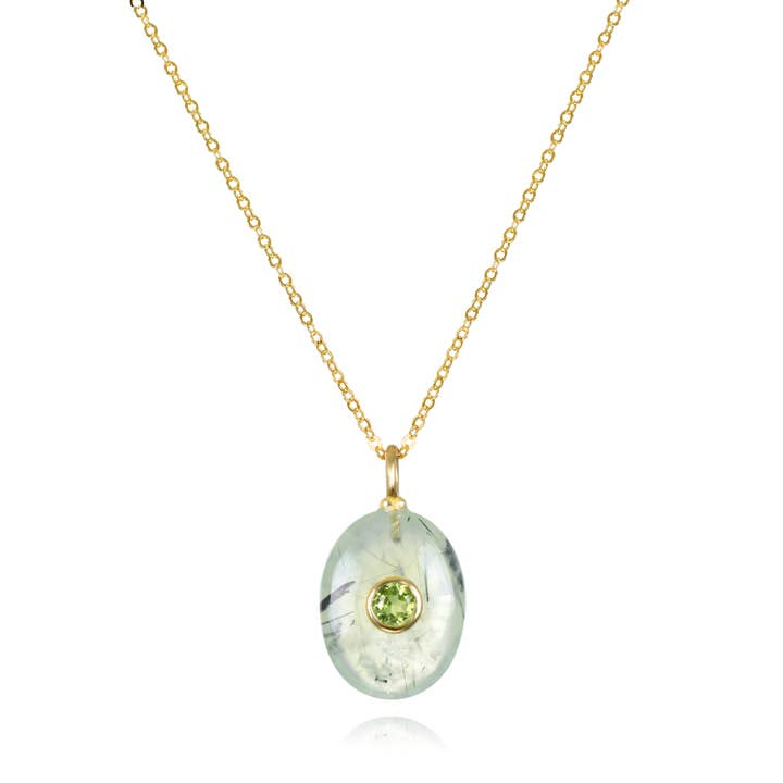 14K Yellow Gold Filled Oval Prehnite & Peridot Pendant Cable Chain Necklace