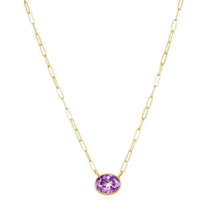 14K Yellow Gold Filled Oval Pink Amethyst Pendant Necklace